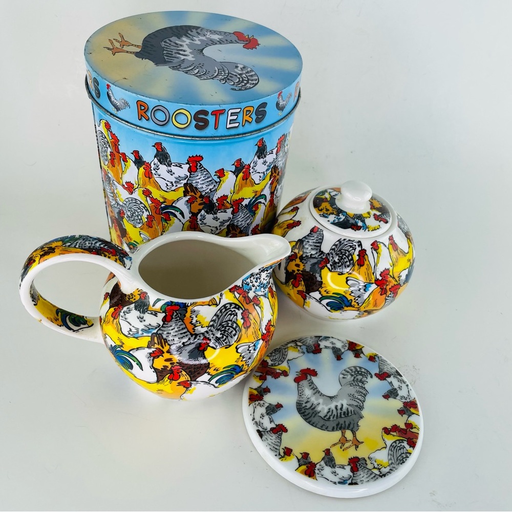 Paul Cardew Roosters Set - Creamer & Sugar, Trivet, Tin - Rare Pattern